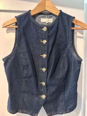 Zara Navy Denim Vest with Gold-Tone Buttons